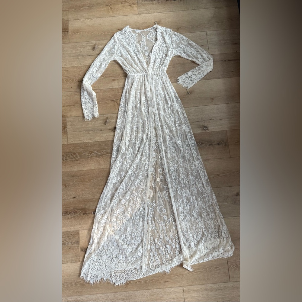 Wildflowers Ivory Lace Maternity Gown open front and floor length.